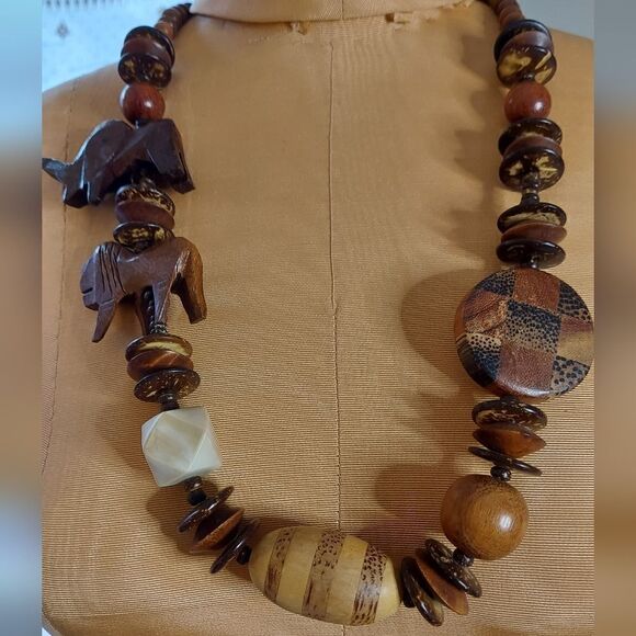 Vintage 1970's Necklaces Wood- Coconut- Mother Pearl Elephant Lion Necklace